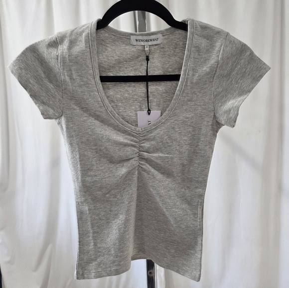 WeWoreWhat Tops - WeWoreWhat Gray Ruched Tie Front T-Shirt